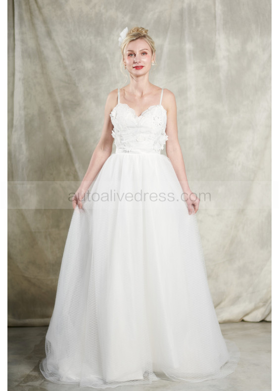 Spaghetti Straps Sweetheart Neck Ivory Lace Tulle Wedding Dress